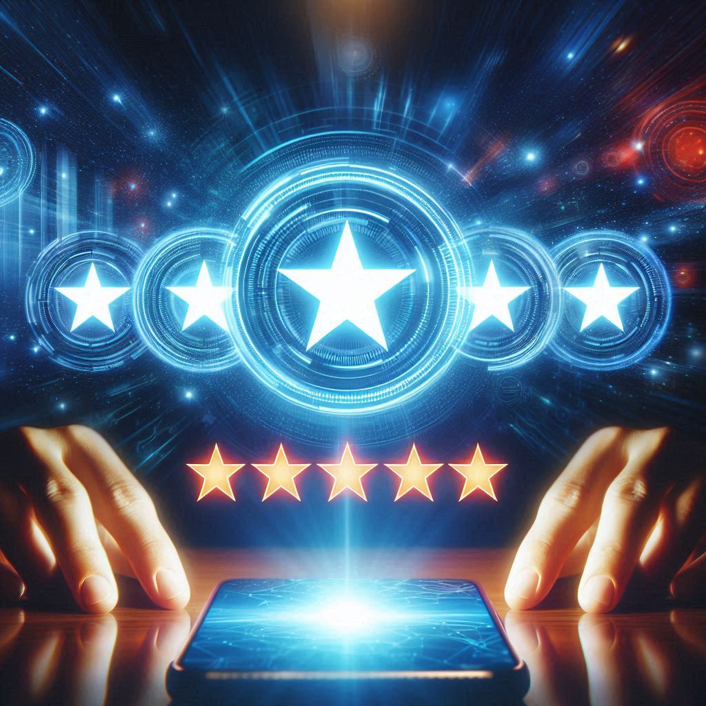 A futuristic image for a reputation management agency focused on getting businesses 5-star online reviews, with 5 stars prominently displayed